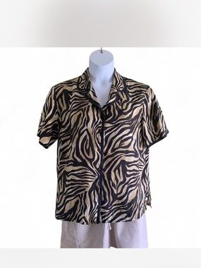 City Silk Zebra Print Short Sleeve Button Front Shirt - 💯 Silk Black and Tan